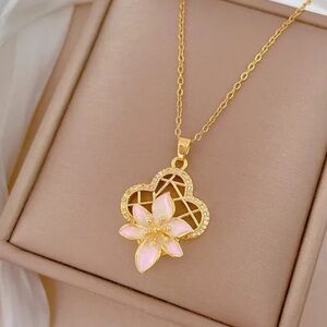 18K Gold Lotus Blossom Flower Clover Back Pendant Necklace Pave Accents Bohemian